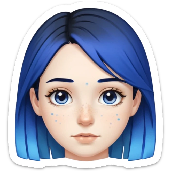Pale girl with freckles and brown eyes, black hair, with two strips of blue hair sticker
