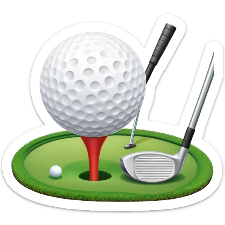A golf ball on a tee, with a golf club placed beside it on the lush green fairway. The background shows a serene golf course with neatly trimmed grass and a clear blue sky, emphasizing the elegance and precision of the game. sticker