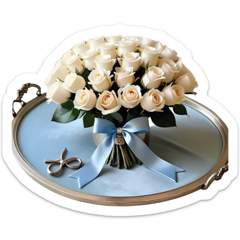 Set against a warm beige and pearl-colored lace backdrop, a bouquet of creamy white roses intertwined with pale blue blooms is wrapped in a soft champagne-colored velvet ribbon, forming a perfect bow. The bouquet rests on an antique silver tray, its delicate engravings catching the soft glow of candlelight. Hovering above, a trio of metallic pearl balloons in soft ivory and rose gold tones sway gently, their surfaces gleaming with a muted, vintage-inspired sheen. sticker