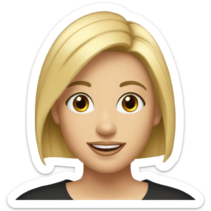 Beautiful girl in a black shirt with short straight blonde hair, thin lips, thin eyebrows, smiling.  sticker