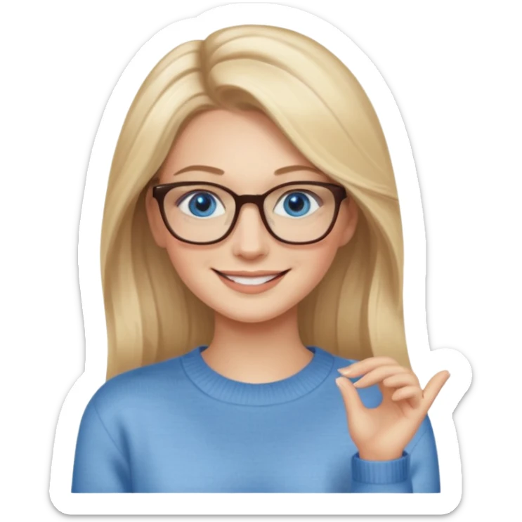 hyper realistic glamourous pale woman, Long blonde balayage hair, smiling, beige sweater, blue eyes and glasses sticker