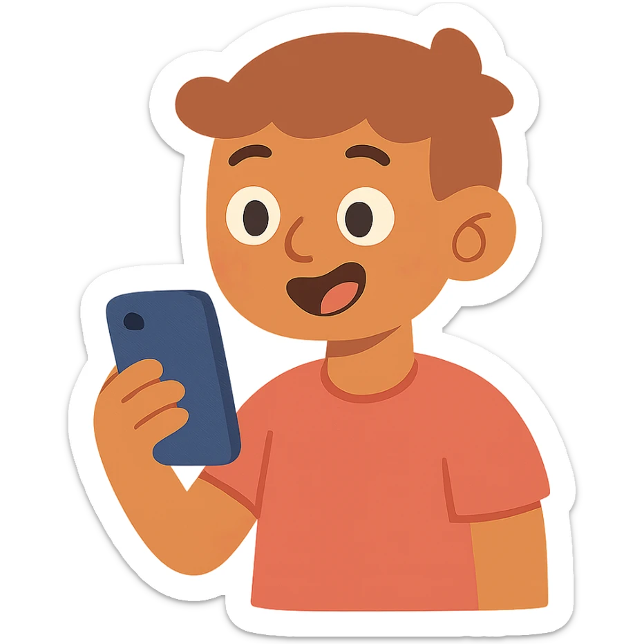 a tan boy with light brown hair holding a phone, pastel cartoon style sticker