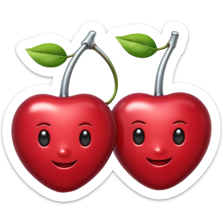 A pair of cherries emoji made of polished silver chrome, smooth rounded shapes, glossy metallic finish, soft highlights and reflections, cute proportions, iOS emoji style, centered, clean white background, no text sticker