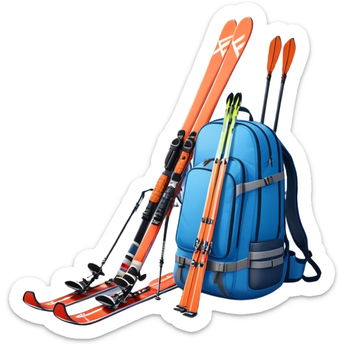 An icon showing a close-up of a biathlon backpack, a pair of skis, and a biathlon rifle resting against snow. In the background, a beautiful winter landscape with snowy trees and mountains under a clear sky. Transparent background reflects the sport’s precision and rugged endurance. sticker