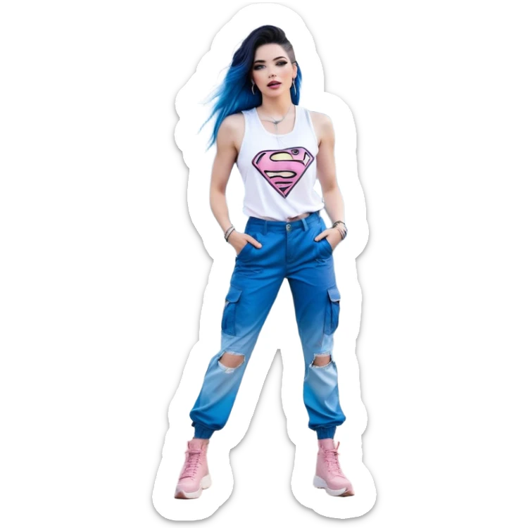 Tall-full body-Larger female chest-very excited-very-beautiful-face-white torn cargo pants-light-pink-lips-very long-very-straight-dark-blue-ombre-hair-and-blue-eyes-thick-black-eyeliner-thick-long-eyelashes-sky-blue-superman-tank-top-with-glitter-and-silver-hoop-earrings sticker