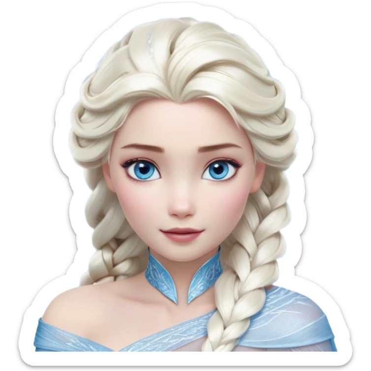 Cinematic Realistic Elsa Portrait, depicted with lifelike skin texture, soft natural lighting, and intricately detailed platinum blonde hair styled elegantly. Her striking, expressive blue eyes exude confidence and grace, complemented by a serene and regal expression. She is dressed in her signature icy attire, with shimmering fabric textures and delicate folds that catch the light beautifully. The portrait features a soft, enchanting glow with a cool, radiant finish, capturing the essence of timeless elegance in a realistic and painterly style, evoking a sense of depth and authenticity. sticker