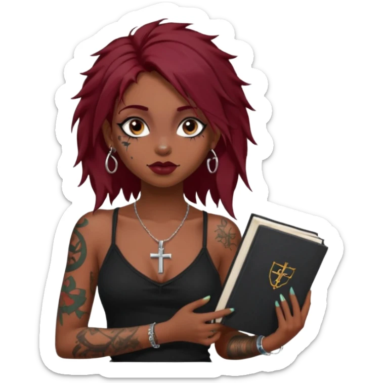 generate an ios genmoji of a dusky girl with long dark red messy hair with eyeliner on her eyes. septum piercing, wearing a cami black top, has tattoos, on shoulders. ear piercings. wearing a cross silver necklace. carrying a lot of sketchbooks


no tattoos on face sticker