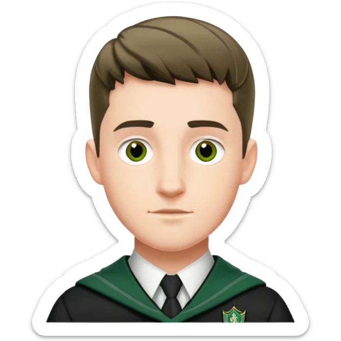 Scott Fern is Adrian Pucey  in harry potter, wear hogwarts slytherin uniform, crew cut hair sticker