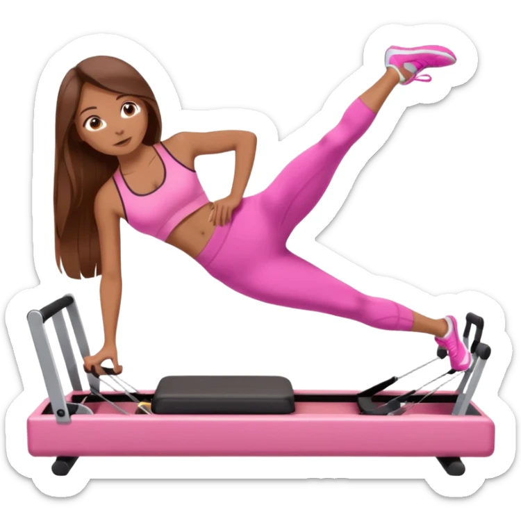 girl doing a plank on a pilates reformer in a pink workout set with long brown hair sticker