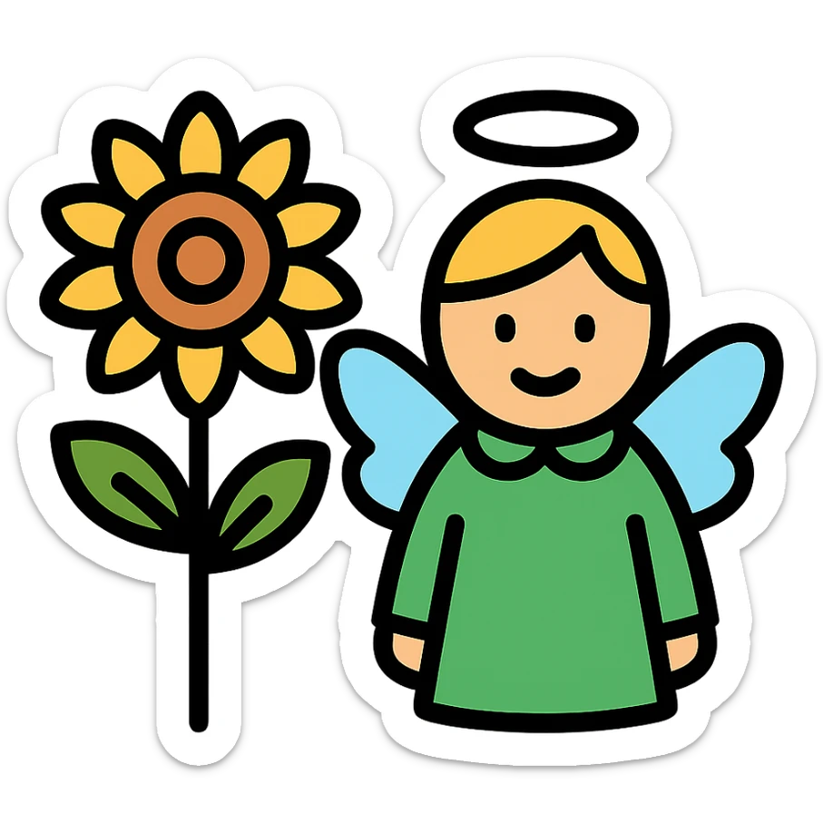 icon of a sunflower and an angel, colorful, lineal color icon style sticker