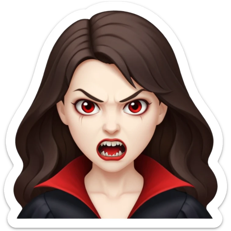 vampire woman, pale skin, brunette, long hair, angry face, fangs out sticker