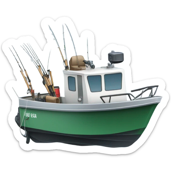 A little aluminium fishing boat with an outboard motor and lots of fishing rods on the sea sticker