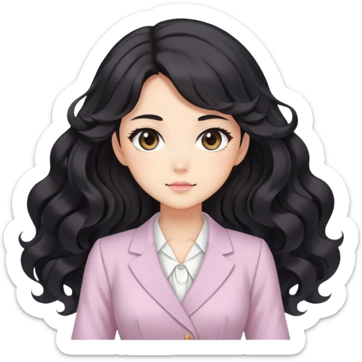 Confident kawaii anime businesswoman with beautiful black wavy hair wearing a soft feminine pastel dress, future boss lady sticker
