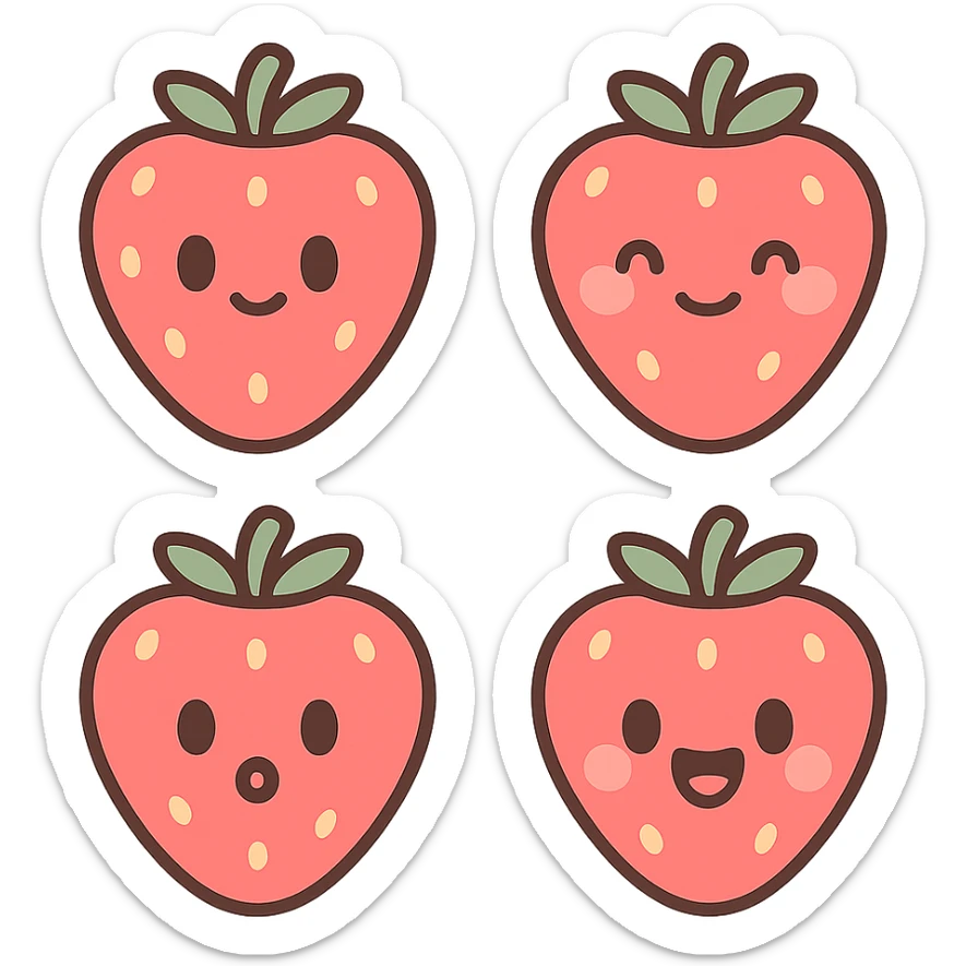 A series of illustrations stawberry in a kawaii emoji style, with detailed shading and highlights, thin clean outlines, soft and rounded features. Pastel color palette using  #FF5B5B, #CE4C4C,#CE4C4CThe style is inspired by modern Japanese pop art and sticker aesthetics. Highly detailed, vector clarity, soft lighting and subtle shadows. Transparent background without background. sticker