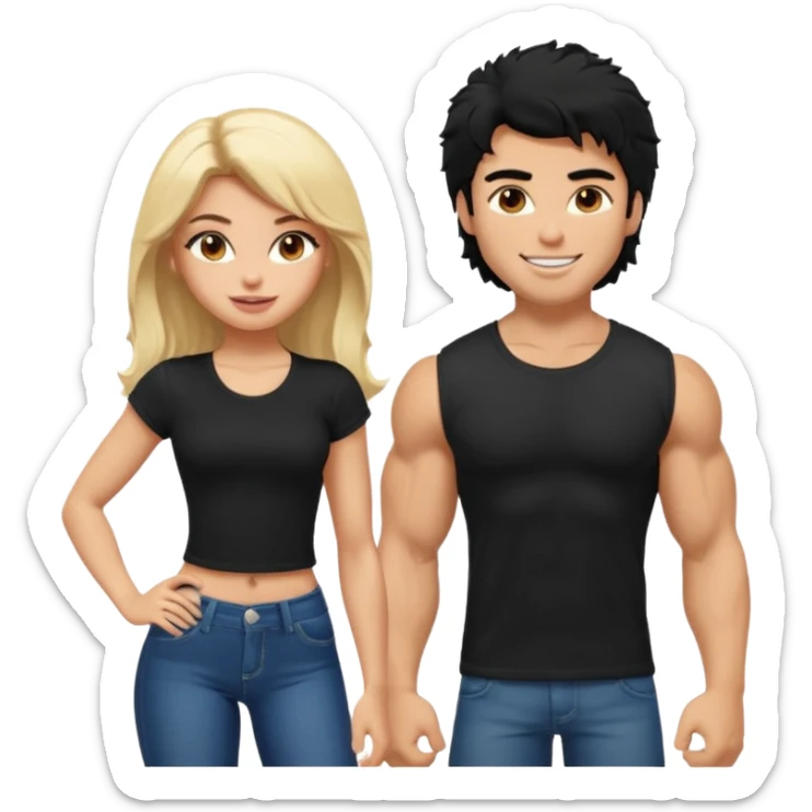 a pretty bratz guy with black hair with big muscles and shaggy hair in a tight black tee smiling standing with a girl sticker