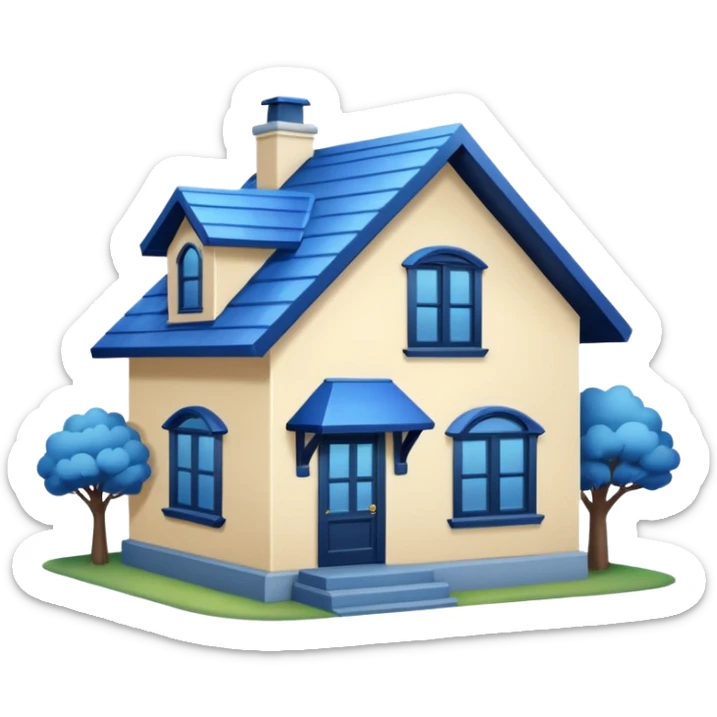 a creamy-colored house with dark blue trim and a blue roof sticker