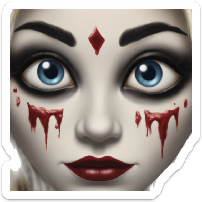 Lordi in Harley Quinn style, oil paint, mysterious eyes, intricate lips, masterpiece portrait, odd perspective, beautiful, desirable, logical sticker