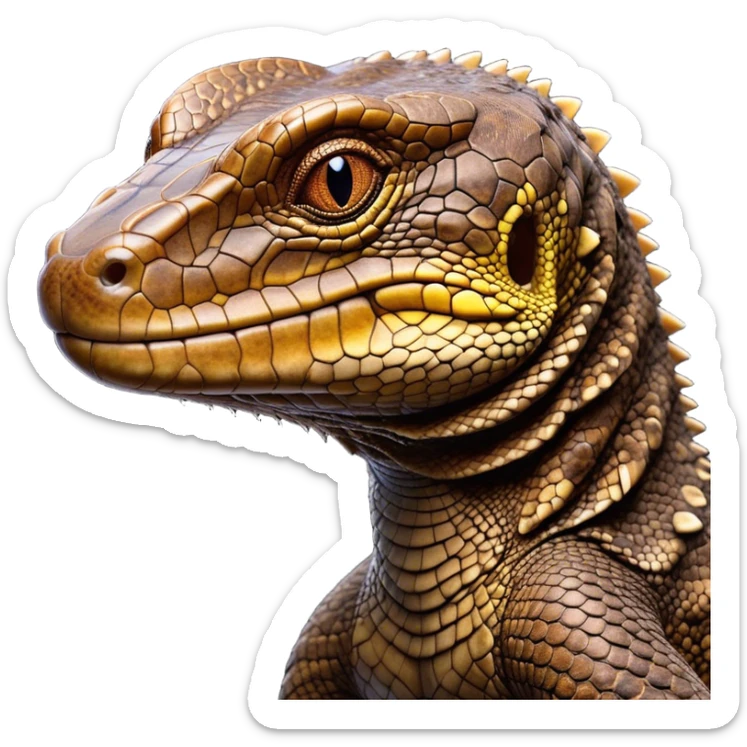 Cinematic Noble brown camo monitor Lizard Portrait Emoji, Poised and regal, with a robust, scaled body exhibiting striking, mottled patterns and piercing, alert eyes, Simplified yet sharp and sophisticated features, highly detailed, glowing with a soft, earthy glow, high shine, intelligent and formidable, stylized with an air of ancient wilderness, focused and commanding, soft glowing outline, capturing the essence of a watchful and confident reptilian guardian that appears ready to stride out of the screen with effortless authority! sticker