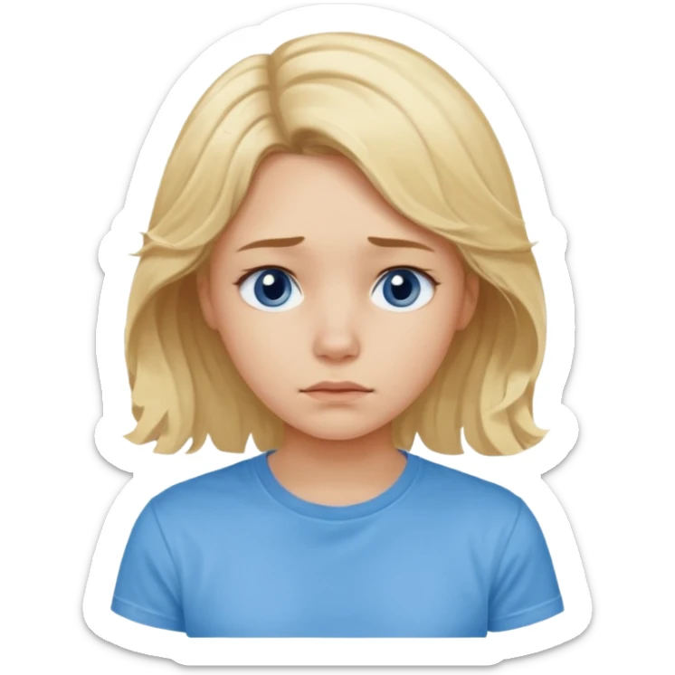 Sad blond girl with light weavy hair with a blue shirt but we can see only her face and neck and the top of the t shirt, no whole body sticker
