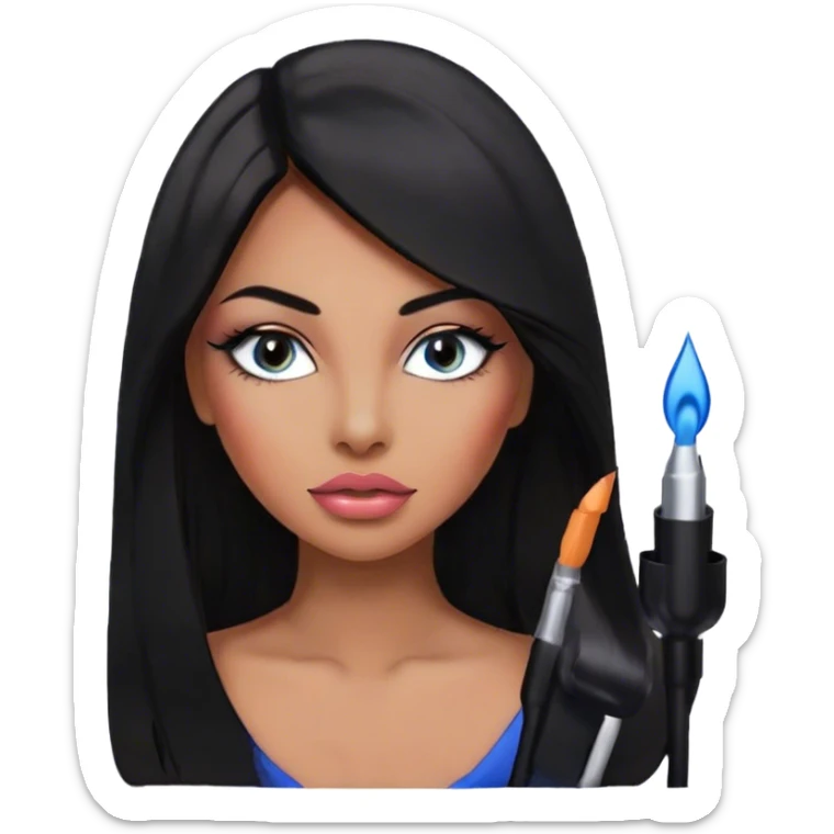 Glamours, tanned, very beautiful girl, with big pump peach-beige-rose lips, eyeliner, long long lashes, black straight smooth silky long hair, straight parting hair, blue-grey eyes in black sticker