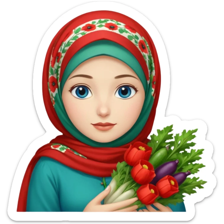 Turkish beautiful finish Konya girl blue eyes with poppy floral hijab and green red dress and she had on her hand vegetables  sticker