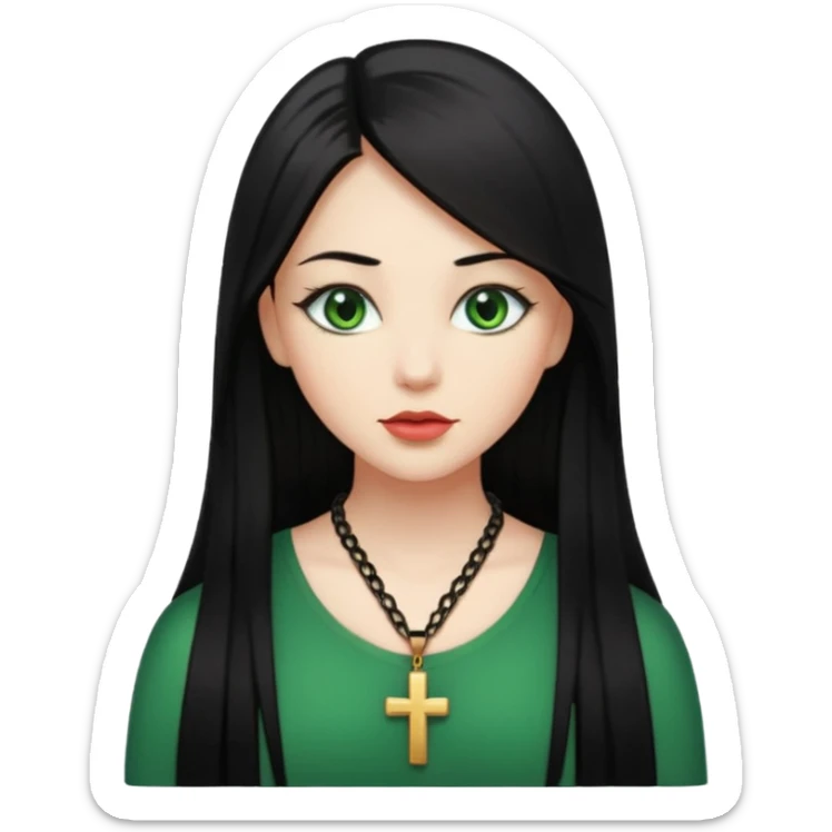 Girl, long black straight hair, green eyes, plump lips, cross necklace  sticker