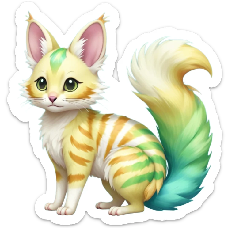  cute adorable yellow-green-turquoise-gradients albino fur with random colorful iridescent rainbow markings beautiful elegant pretty precious cute  Fakémon-Pokémon-opossum-feline-serval-caracal-chinchilla-Minccino-hybrid-creature with a big fluffy bushy striped tail (full body) sticker