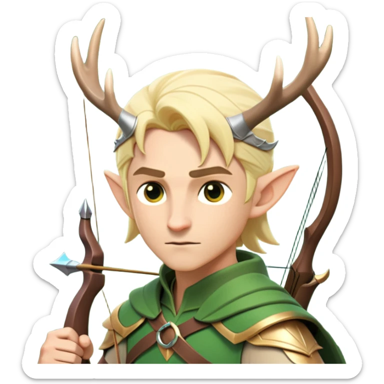 clash-of-clans-aesthetic-blond-male elf-archer-portrait-emoji, rendered in a flat, vector-style with minimal shading and bold holding his bow, simplified shapes, head tilted slightly forward with a determined, focused expression, riding a majestic stag whose antlers glow with mystical energy, set against an ancient, enchanted forest backdrop. sticker