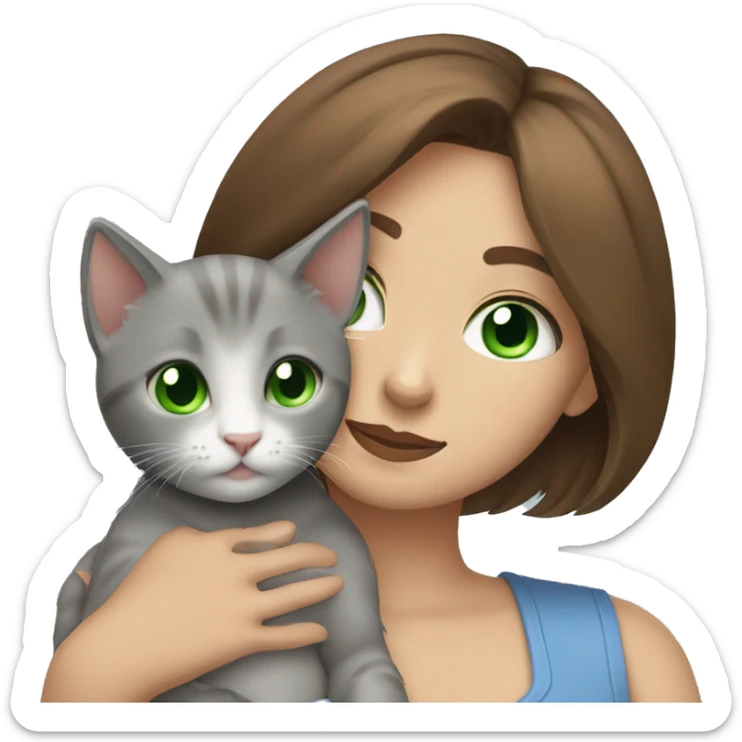 blue eyes grey kitten hugging brown short hair green eyes woman sticker