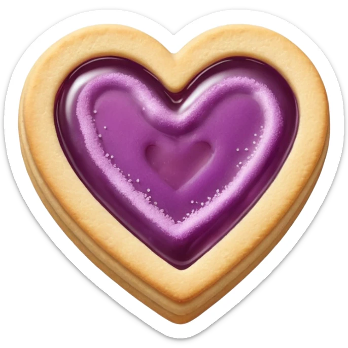 Realistic shortbread cookie in the shape of a heart with mauve jelly middle filling and sprinkled powder sugar on top. sticker