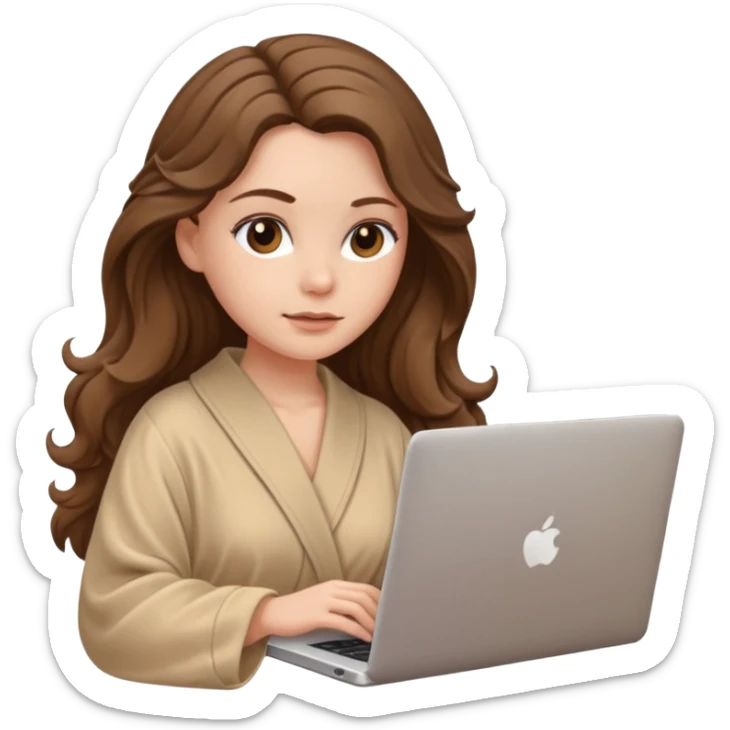 make a picture in ios 18 style of a white girl with brown long wavy hair wearing beige robe and working on a laptop sticker