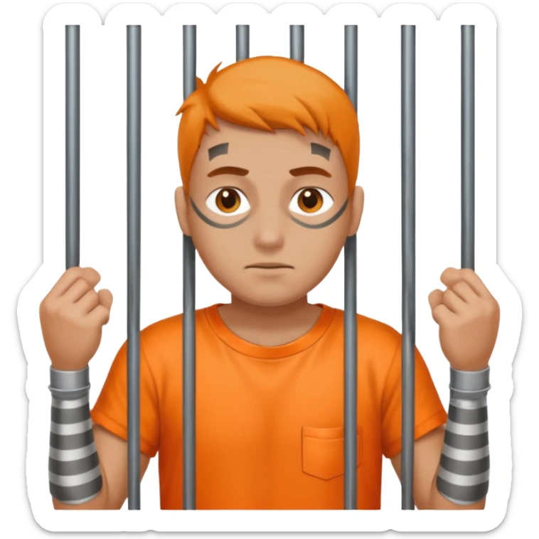 prisoner with orange shirt, metal bars in front of him and he touches the bars sticker