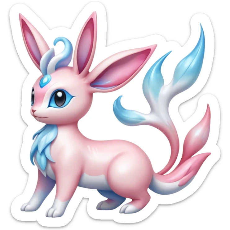 Feral Rare Fantasy cute realistic adorable pastel pink light-blue white iridescent Sylveon-Milotic-Minccino-Vernid-hybrid by LiLaiRa, markings, full body sticker
