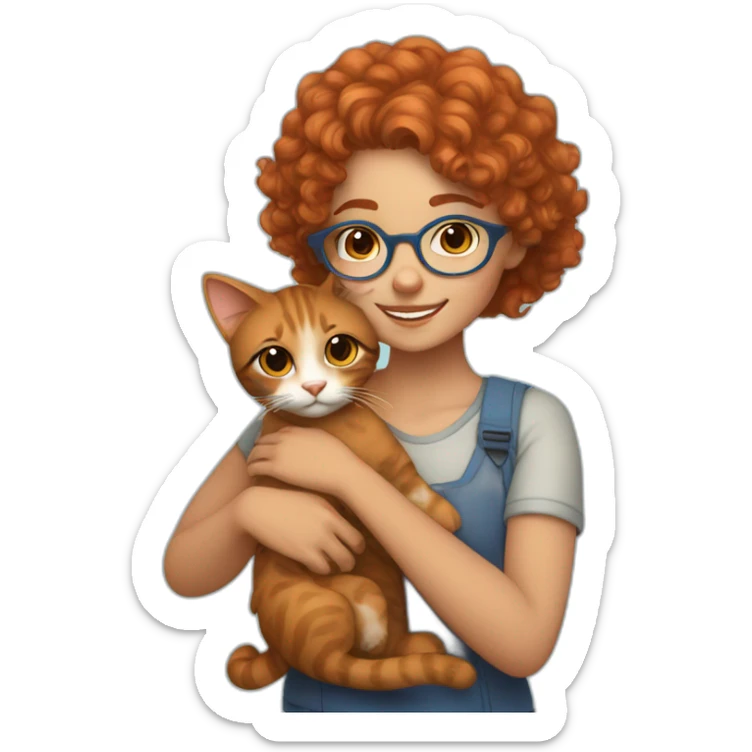 a pretty girl with curly copper hair and blue glasses hugging a cat sticker