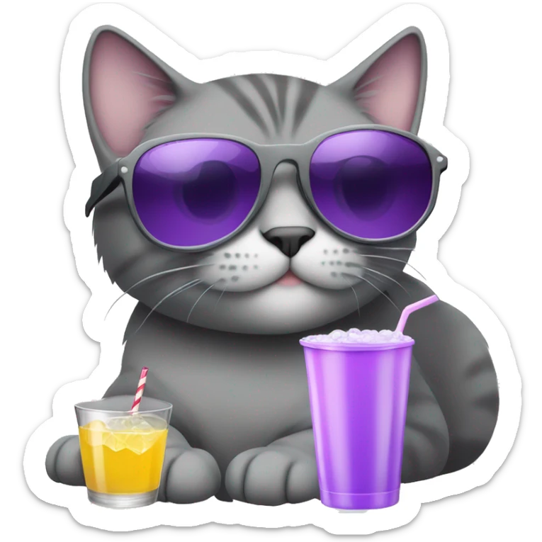 Grey cat with a Drink and purple sunglasses and Green eyes and a Baby with the Color black and white sticker