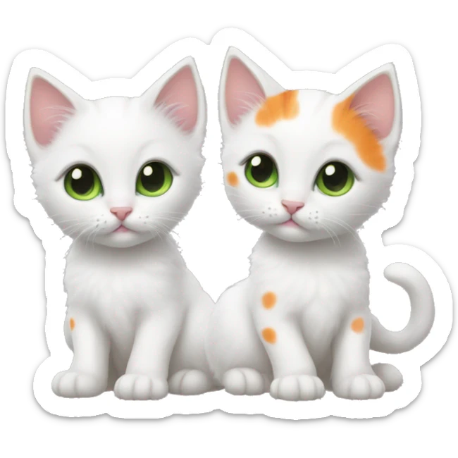 White kitten with orange and black spots  Green eyes, pink nose  Black spot on left eye  Orange spot on right eye  On all four paws sticker