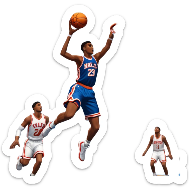 An icon featuring a basketball court with players in action, inspired by NBA 2K25. A player jumps for a dunk, with the ball mid-air. Bright lights illuminate the court, symbolizing the excitement of sports simulation games. Transparent background emphasizes the energy. sticker