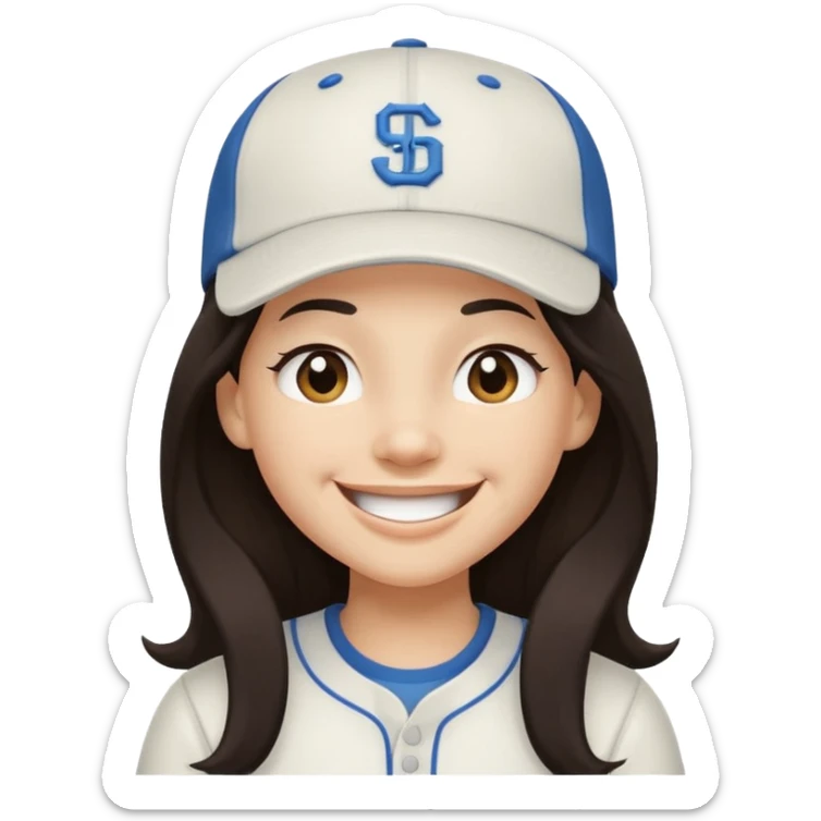 Digital illustration of a cartoon character with a big smile on its face and winking. The character has long dark hair and is wearing a white baseball cap and casual clothes. The overall style of the illustration is cute and playful. sticker