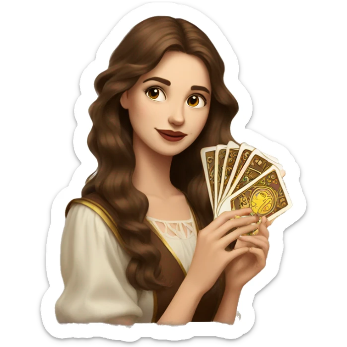 Brown hair beautiful girl with brown tarot gold cards sticker
