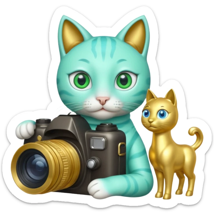 A green cat with blue eyes holds a camera and a gold horse statue  sticker