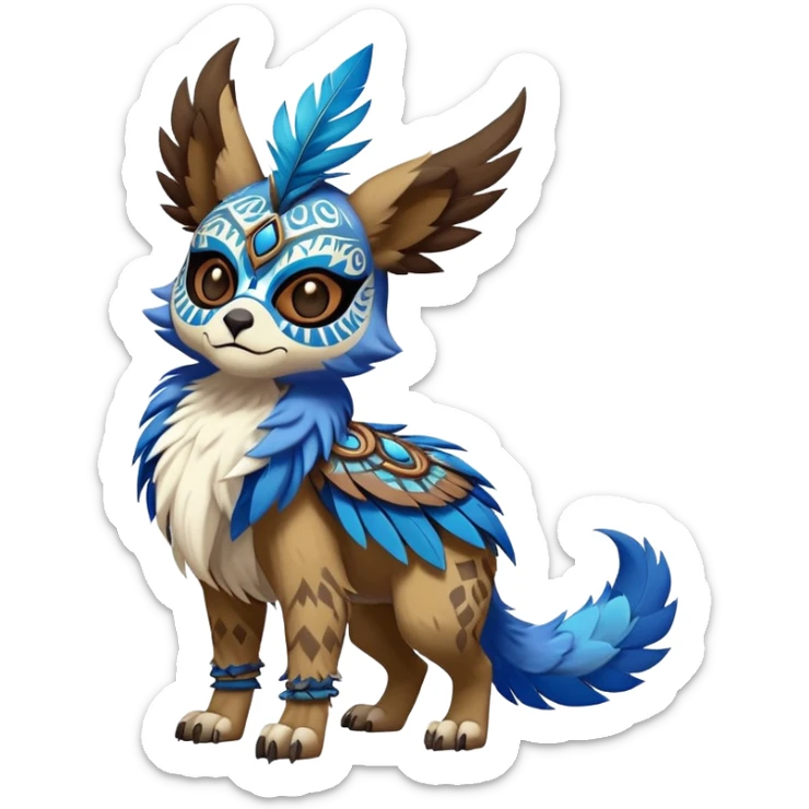 Furry cute colorful exotic tribal feral anime-styled Fakémon-Pokémon-animal-creature with a skull mask, and a feather-mane-collar, and blue feathers, with long furry ears, long furry tail, 4 legs, (full body), with intricate pattern-markings sticker