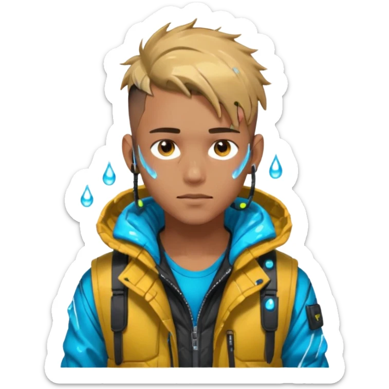 Cyberpunk street young adult, male, messy undercut, puffer vest over hoodie, glowing earpiece, light stubble, brown eyes, neon reflections, raindrops, dark background. sticker