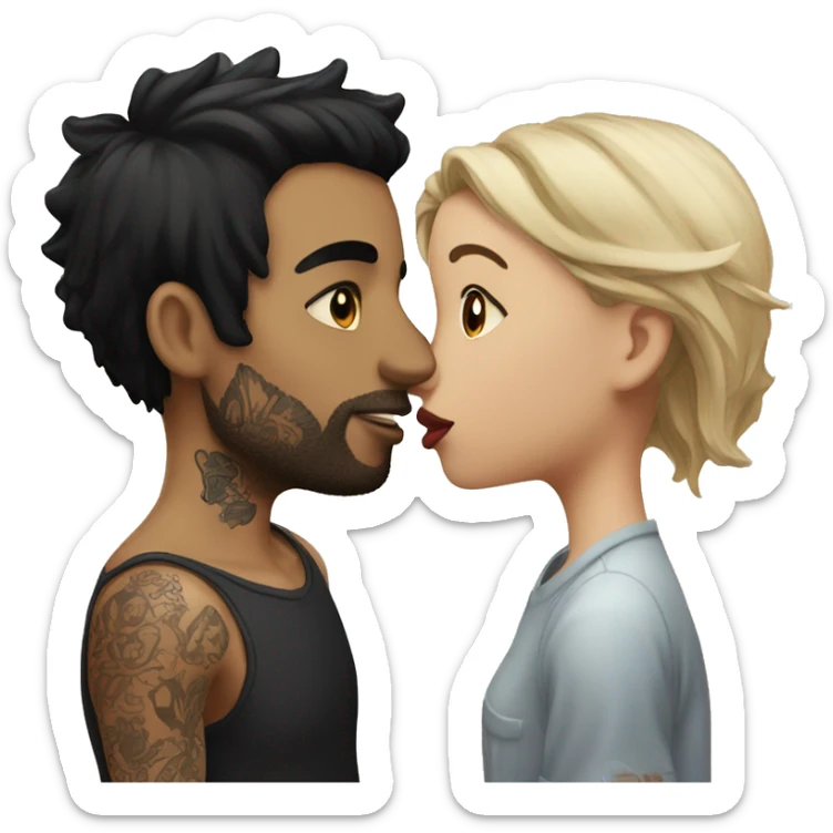 Guy with black hair and tatoos kissing girl with black hair sticker