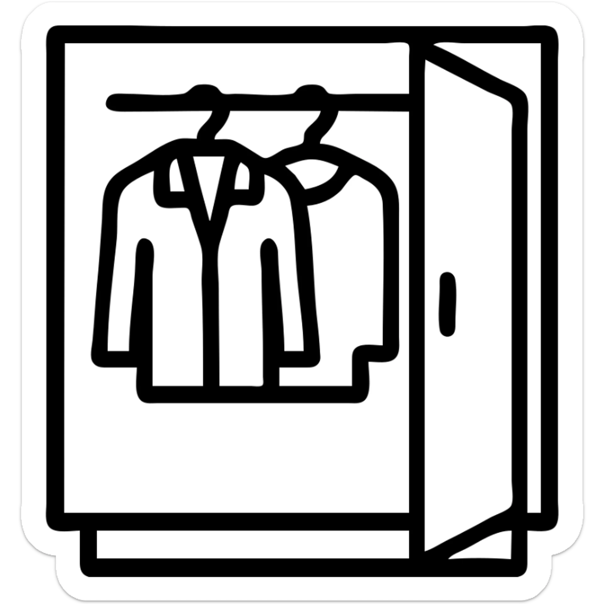 Minimalist flat design of a closet or wardrobe, slightly open showing neatly hung jackets and shirts, clean professional look sticker