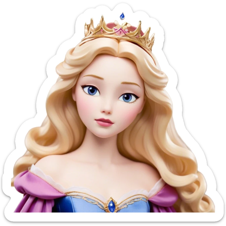 Cinematic Realistic Sleeping Beauty (Aurora) Portrait, with porcelain-like skin featuring a natural rosy flush, illuminated by soft lighting that highlights the gentle contours of her face. Her golden blonde hair flows in soft, detailed waves with subtle highlights that shimmer in the light. Her deep violet-blue eyes radiate warmth and innocence, framed by arched brows and long lashes. Her serene expression exudes quiet elegance. She is dressed in her classic pink gown, the fabric rich in texture with delicate folds that catch the light. A golden crown rests atop her head, gleaming with royal refinement. The portrait captures a soft, glowing aura, blending realism with an ethereal sense of beauty and timeless enchantment. sticker