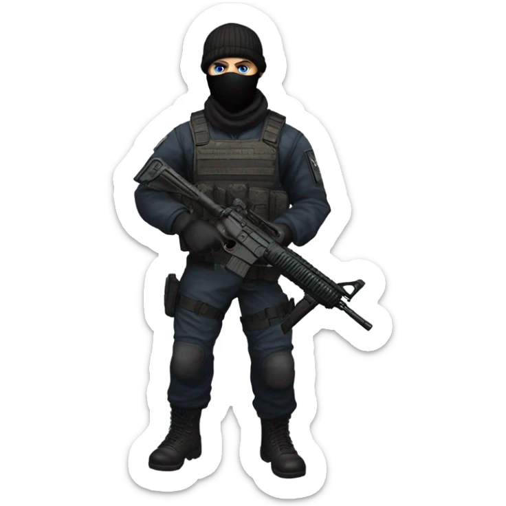 White male, call of duty black mask, tactical gear, camo pants, combat boots, black beanie, blue eyes sticker