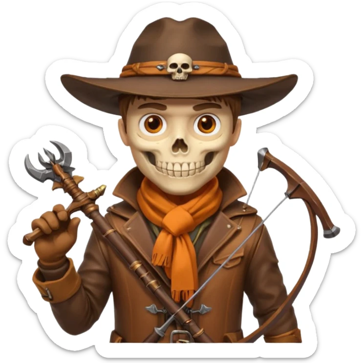 male human monster hunter emoji, wearing brown leather coat and wide hat, holding crossbow, with amulet shaped like skull, Halloween fantasy theme, confident smile, orange scarf, Apple emoji style, clean white background, square image sticker