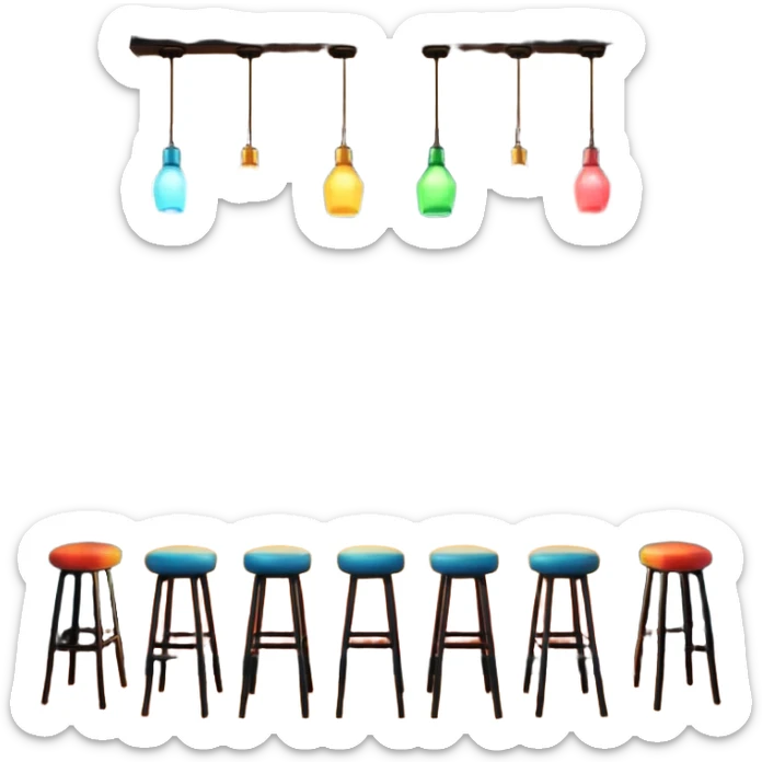 A 3D cartoon bar interior with a counter, glowing shelves of colorful bottles, tall stools, and hanging lights, warm ambient lighting, realistic reflections, Memoji-style.Frame sticker