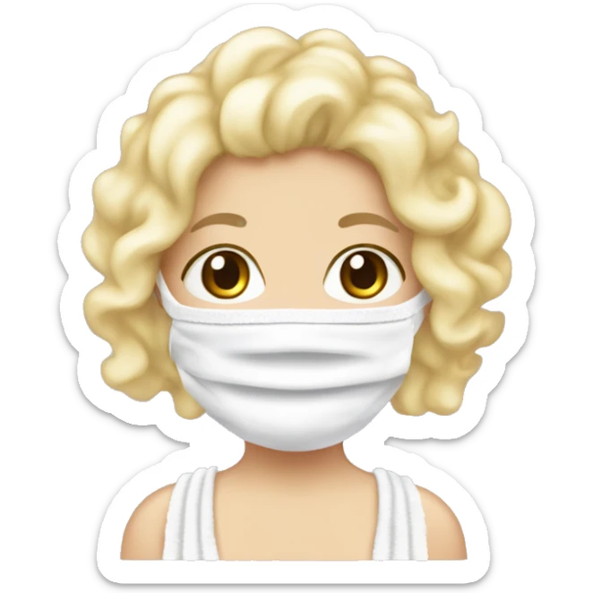 a girl with a white face mask on and a towel and a head towel and she has little pieces of blonde curls sticking out and make ur closing her eyes  sticker