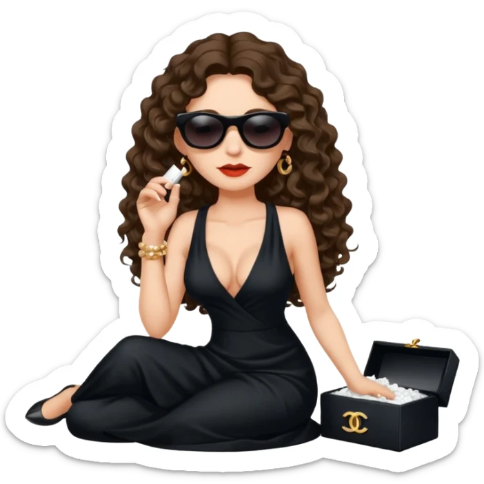Female drug boss with long curly brown hair,  sitting on a pile of cocaine, sunglasses on and wearing black low cut long Chanel dress sticker